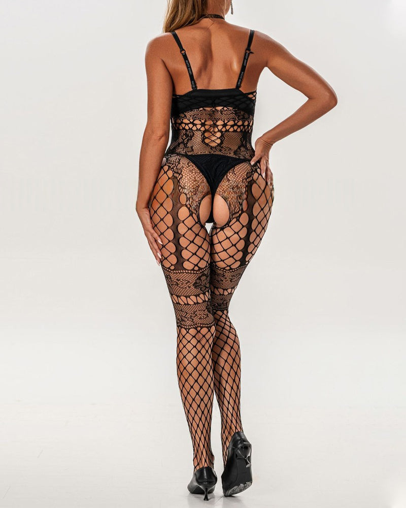 Halterneck Jacquard Lace Hollow See-Through Fishnet Stockings One-Piece Pajamas