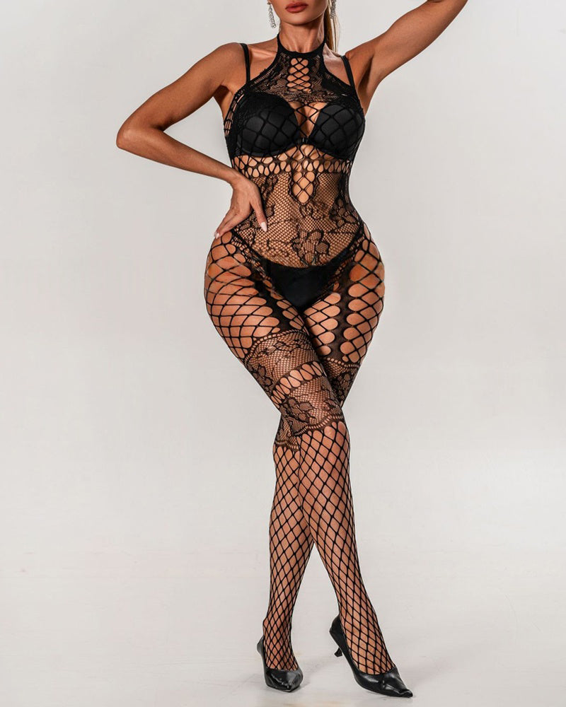 Halterneck Jacquard Lace Hollow See-Through Fishnet Stockings One-Piece Pajamas