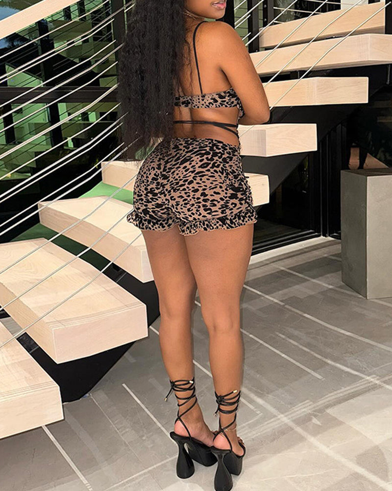 Leopard Print Low-Cut Hollow Lace-Up Backless Jumpsuit