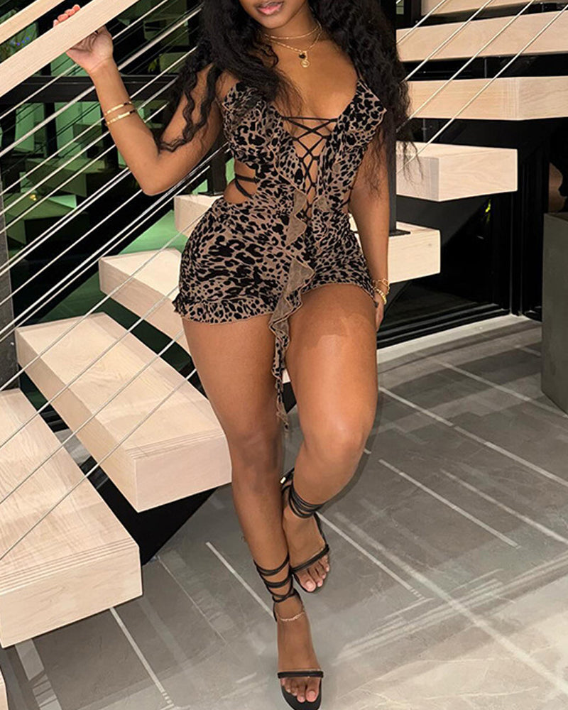 Leopard Print Low-Cut Hollow Lace-Up Backless Jumpsuit