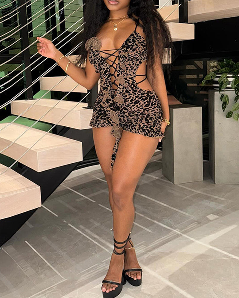 Leopard Print Low-Cut Hollow Lace-Up Backless Jumpsuit