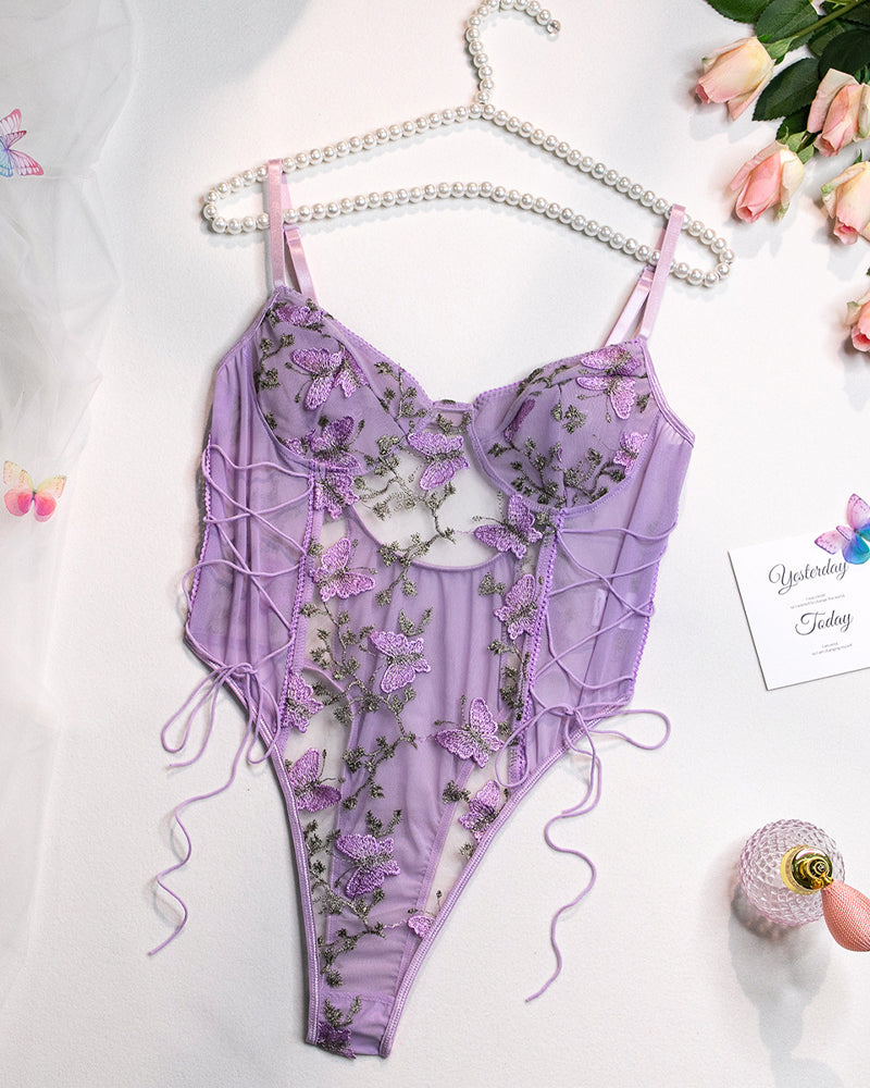 Women's Mesh Butterfly Embroidery Open Back Bodysuit