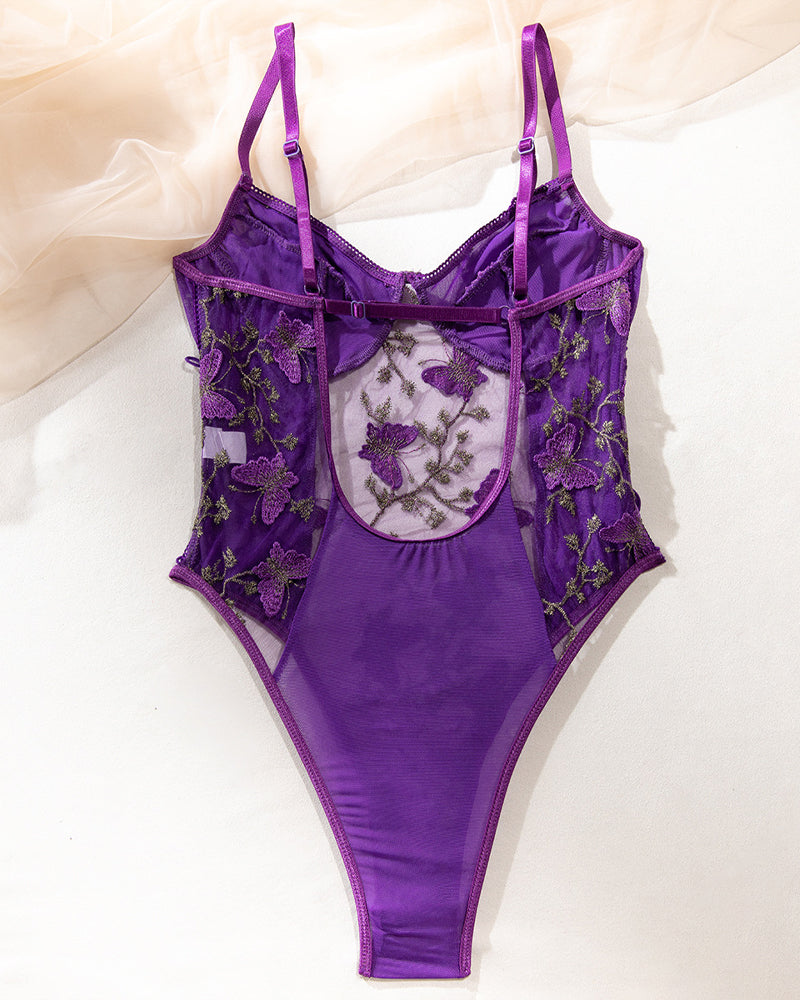 Women's Mesh Butterfly Embroidery Open Back Bodysuit