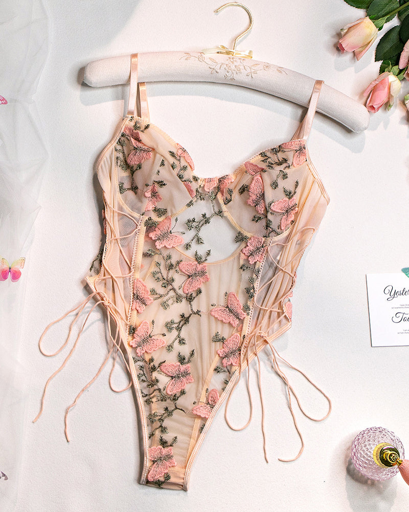 Women's Mesh Butterfly Embroidery Open Back Bodysuit