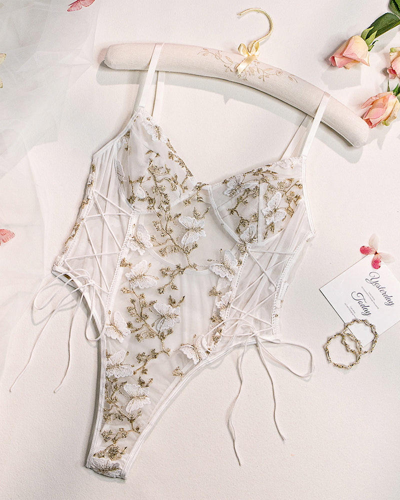 Women's Mesh Butterfly Embroidery Open Back Bodysuit