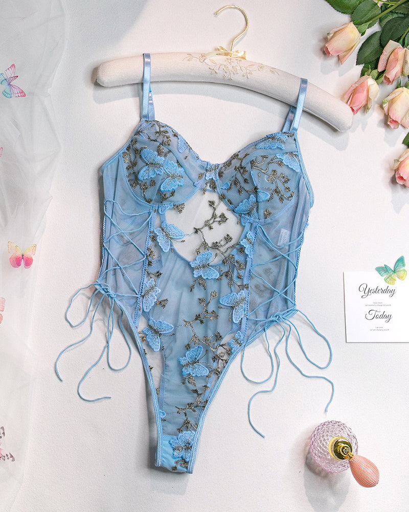 Women's Mesh Butterfly Embroidery Open Back Bodysuit
