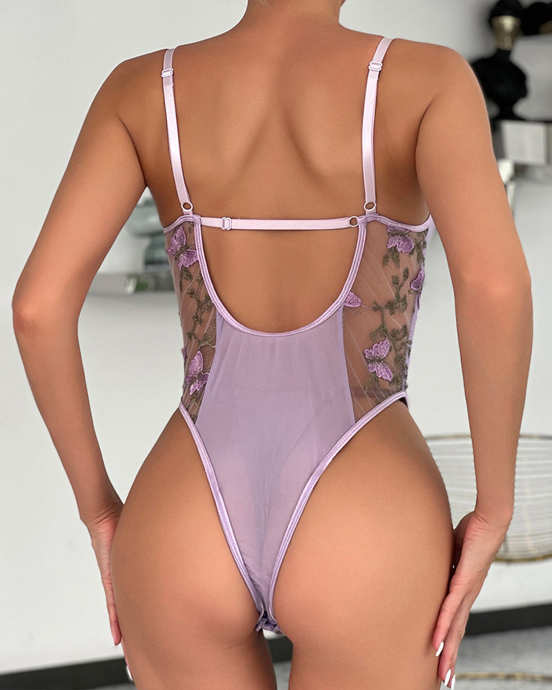 Women's Mesh Butterfly Embroidery Open Back Bodysuit