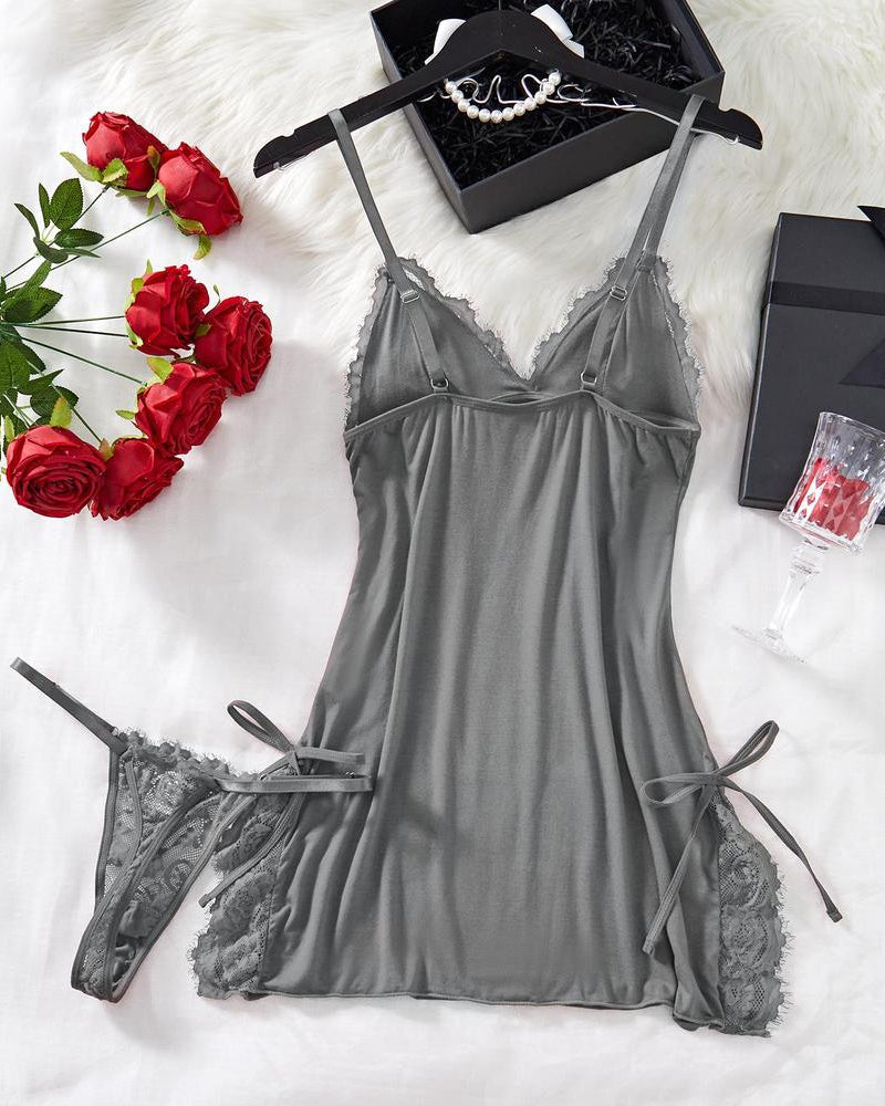 Bow Decorated Contrast Lace Suspender Nightdress Nightdress and Thong Set