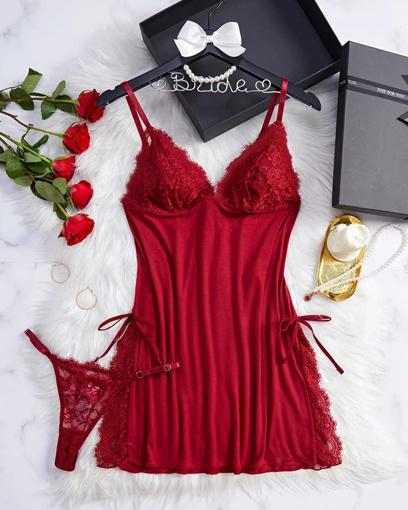 Bow Decorated Contrast Lace Suspender Nightdress Nightdress and Thong Set