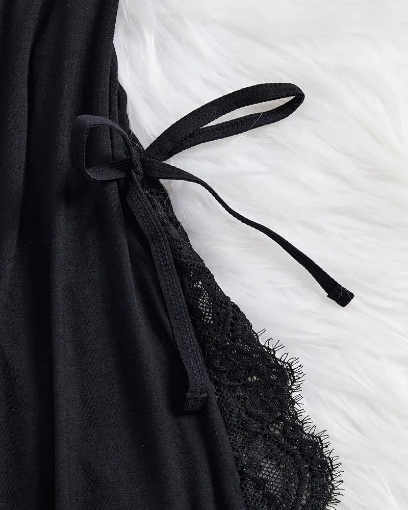 Bow Decorated Contrast Lace Suspender Nightdress Nightdress and Thong Set