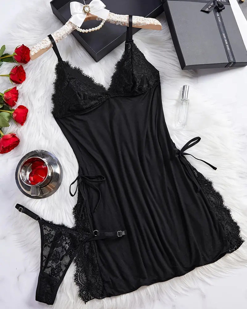 Bow Decorated Contrast Lace Suspender Nightdress Nightdress and Thong Set