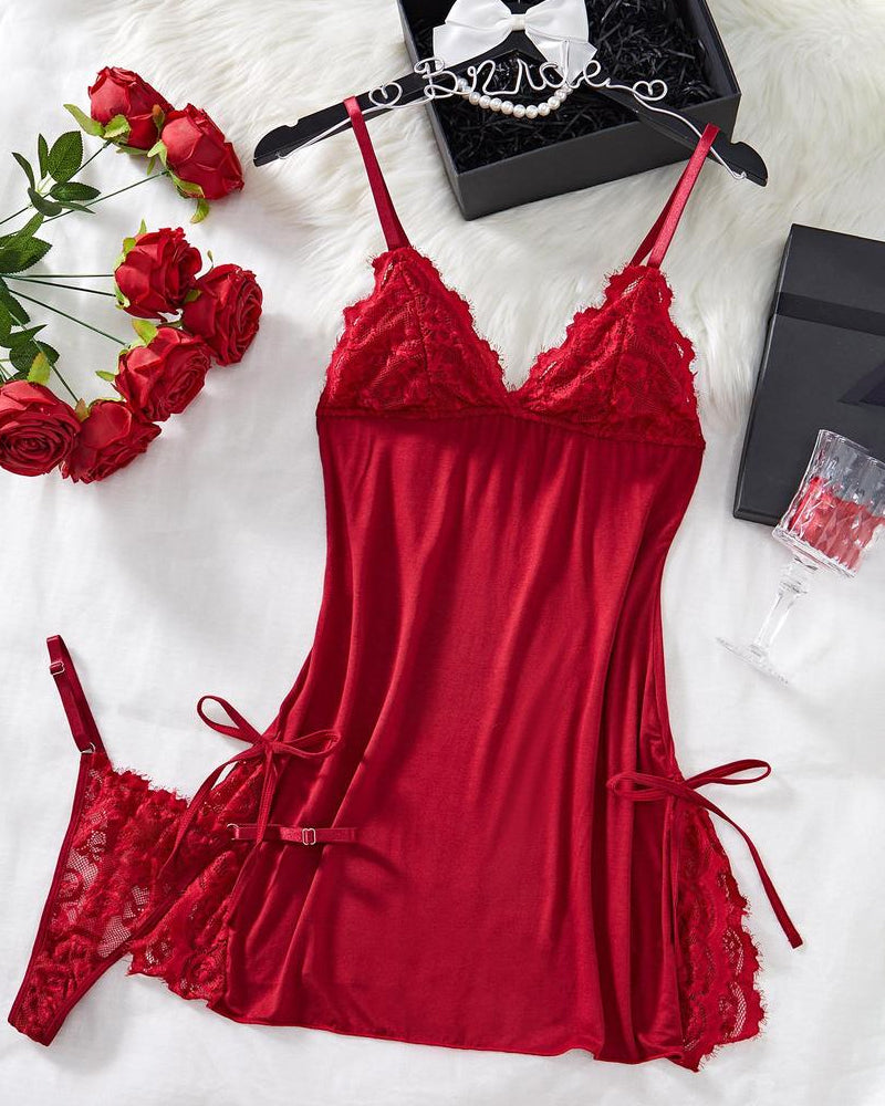Bow Decorated Contrast Lace Suspender Nightdress Nightdress and Thong Set
