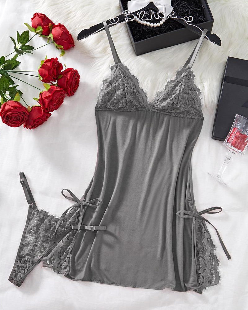 Bow Decorated Contrast Lace Suspender Nightdress Nightdress and Thong Set