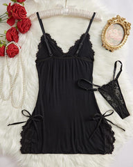 Bow Decorated Contrast Lace Suspender Nightdress Nightdress and Thong Set