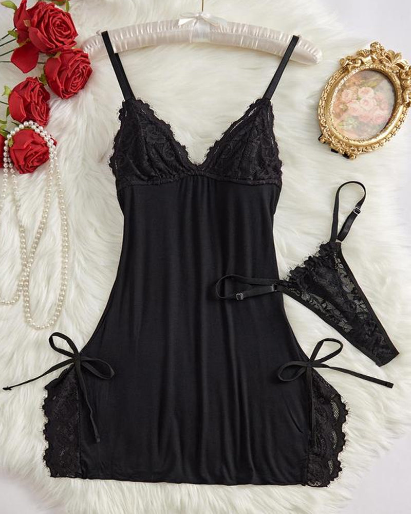 Bow Decorated Contrast Lace Suspender Nightdress Nightdress and Thong Set