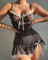 Polka Dot Lace Sheer Sling Nightdress and Thong Set