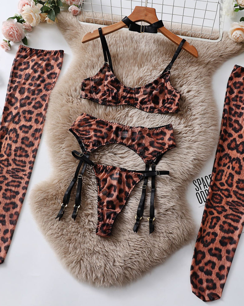 Leopard Push-Up Bra Underwear Thong Set With Stockings and Choker 6 Pieces Set