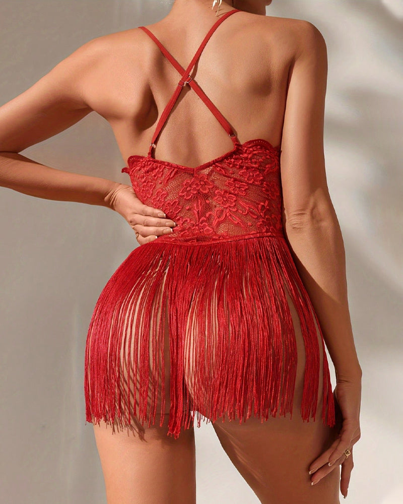 Deep V Lace Tassel Suspender Dress and Thong Pajama Set