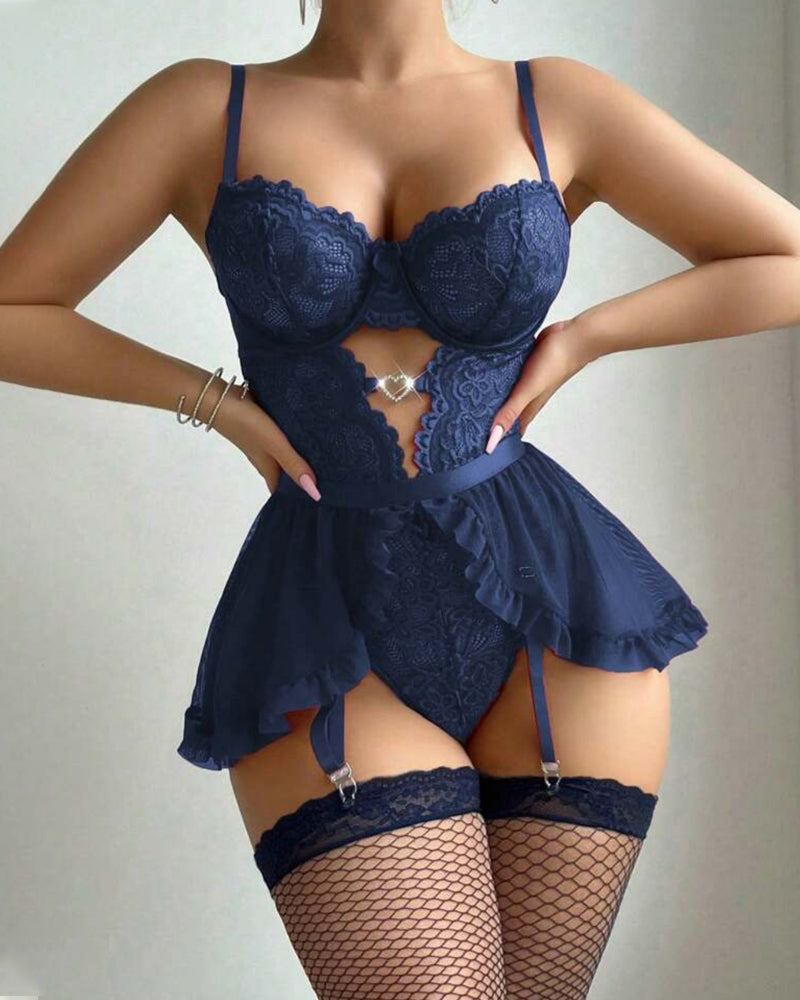 Lace Hollow Heart-Shaped Decoration Detachable Waist Seal One-Piece Pajamas Two-Piece Set