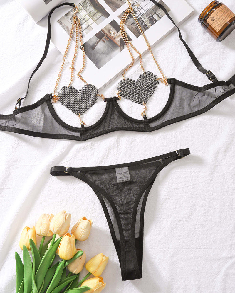 Metal Chain Suspender Heart Wire Ring Mesh See-through Pajama Set