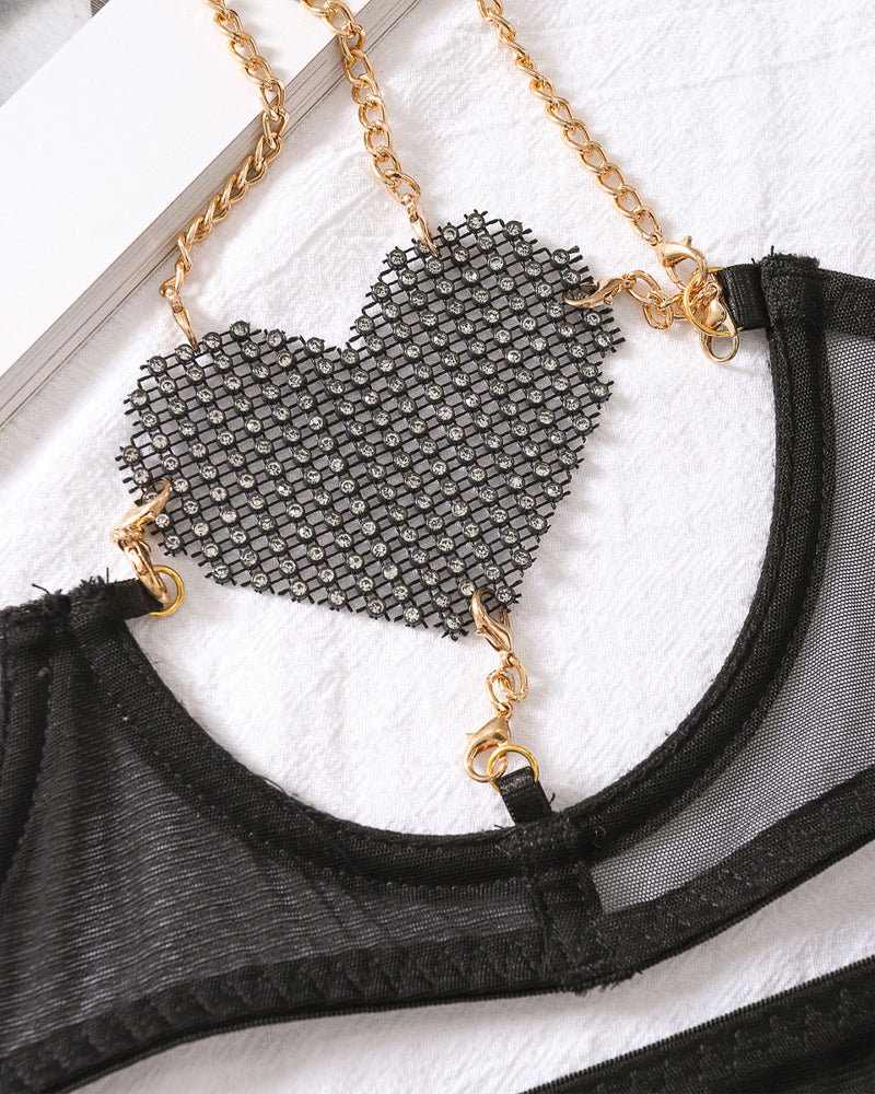 Metal Chain Suspender Heart Wire Ring Mesh See-through Pajama Set