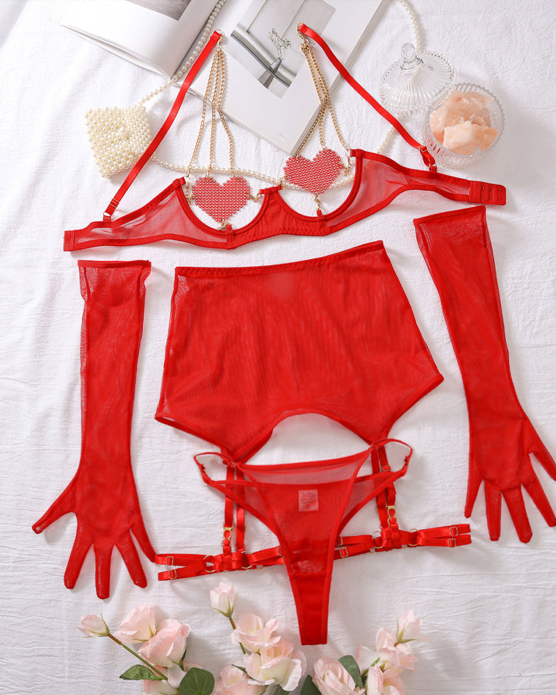 Metal Chain Suspender Heart Wire Ring Mesh See-through Pajama Set