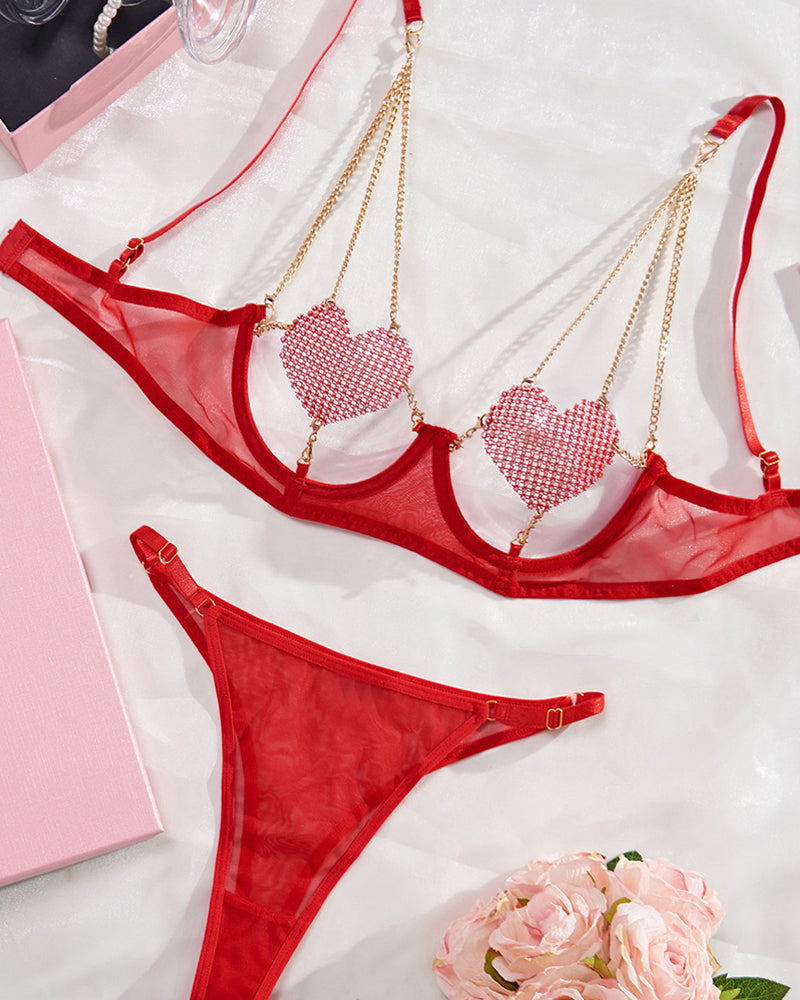 Metal Chain Suspender Heart Wire Ring Mesh See-through Pajama Set