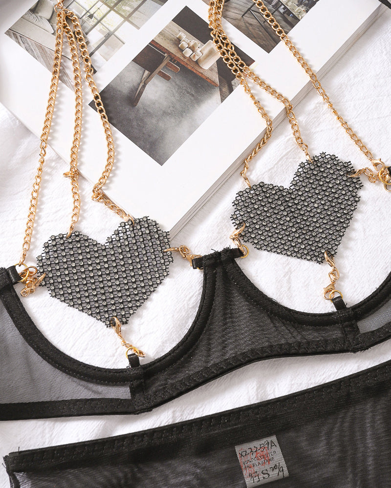 Metal Chain Suspender Heart Wire Ring Mesh See-through Pajama Set
