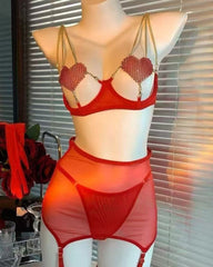 Metal Chain Suspender Heart Wire Ring Mesh See-through Pajama Set