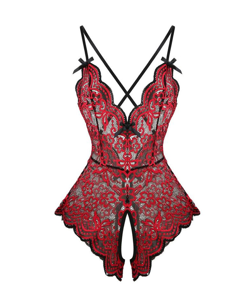 Flower Lace Deep V Neck Open Crotch Suspender Bodysuit