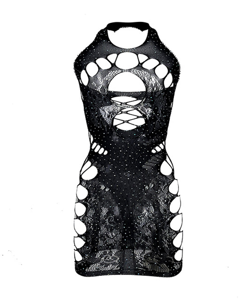 Halterneck Hot Diamond Hollow See-Through Backless Nightdress