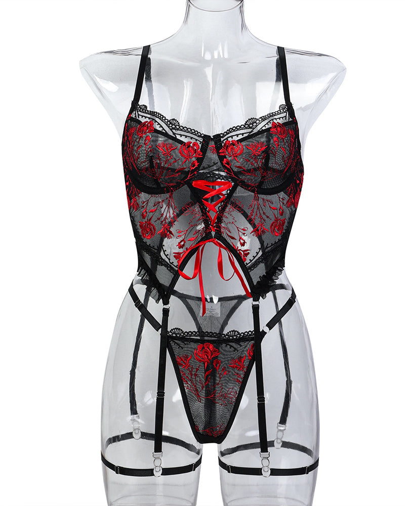 Flower Embroidered Cross Strap Pajamas Three Piece Set
