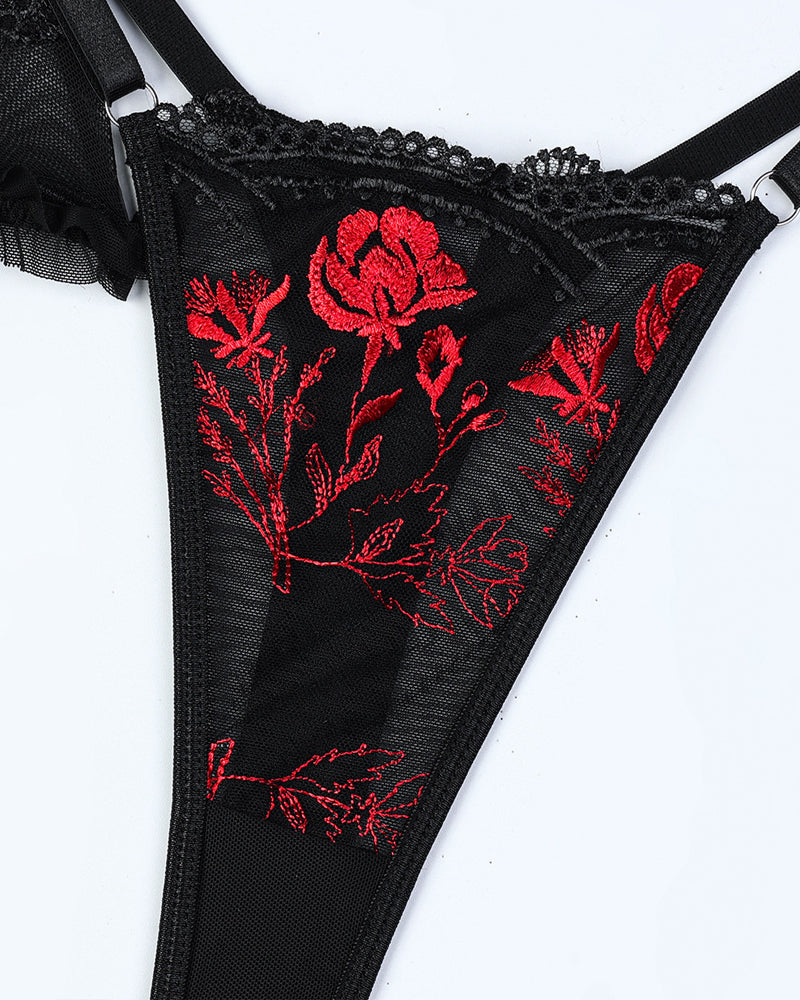 Flower Embroidered Cross Strap Pajamas Three Piece Set