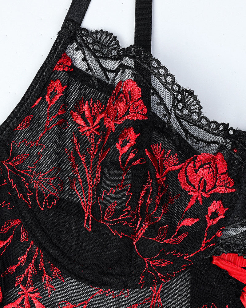Flower Embroidered Cross Strap Pajamas Three Piece Set