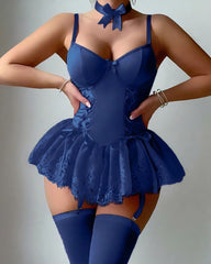 Floral Lace Low Cut Suspender Babydoll Dress with Garter Stockings