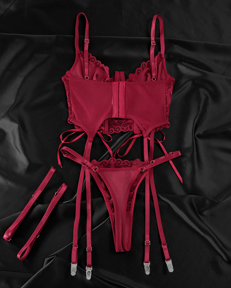 Lace Low-Cut Gathered String Bra and Thong Pajamas Set