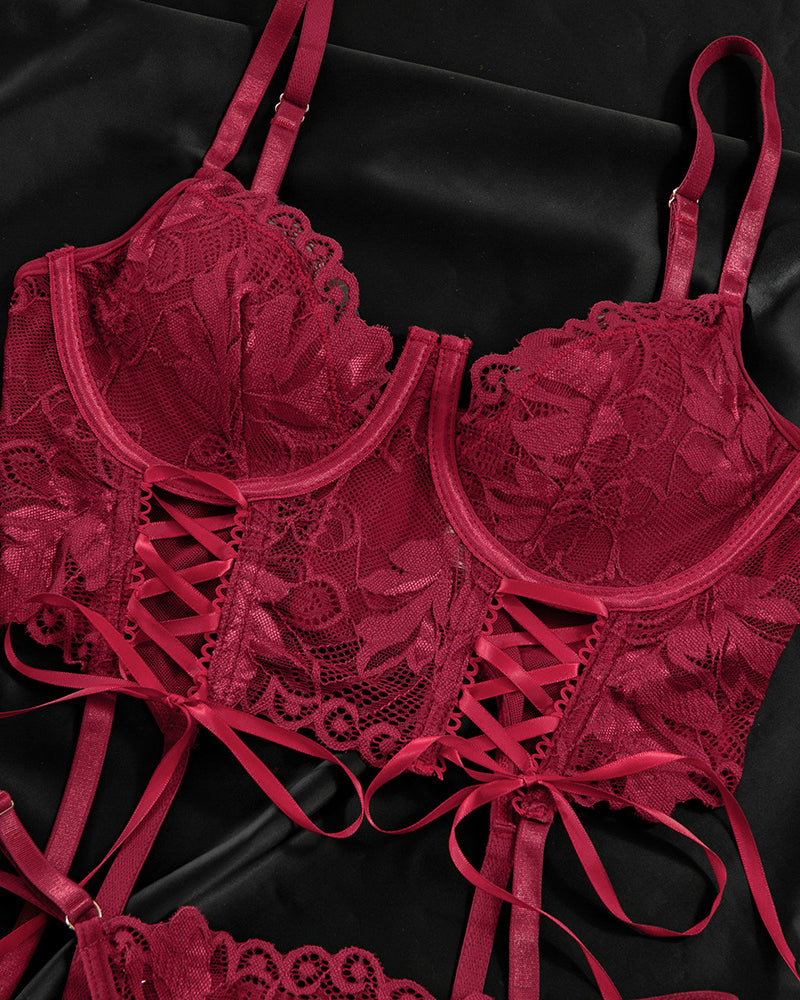Lace Low-Cut Gathered String Bra and Thong Pajamas Set