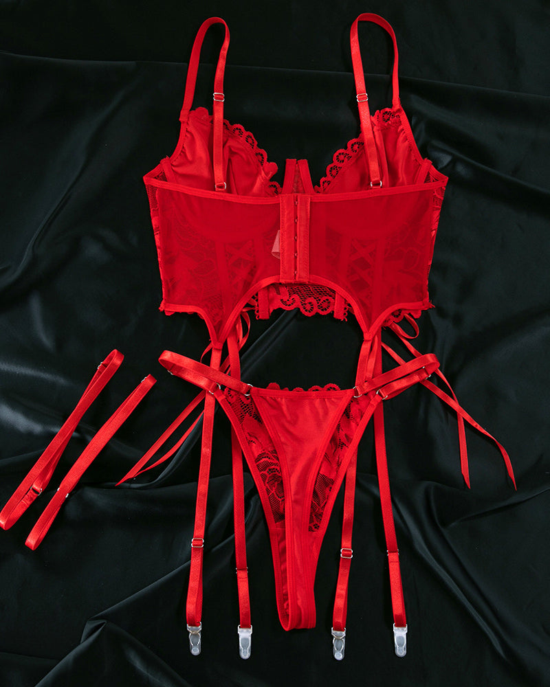 Lace Low-Cut Gathered String Bra and Thong Pajamas Set