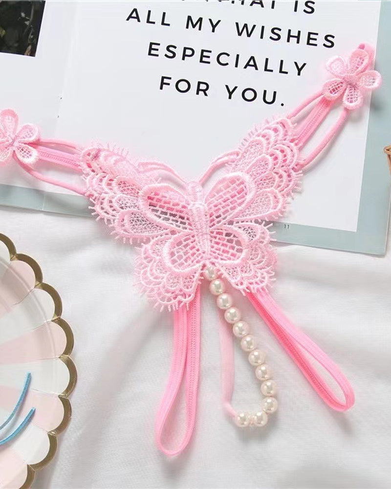 Lace Embroidery Crotchless Pearl Thong