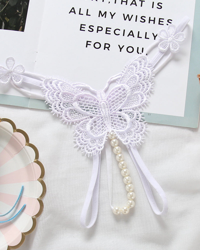 Lace Embroidery Crotchless Pearl Thong