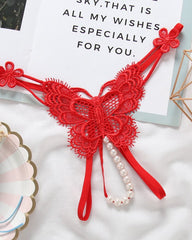 Lace Embroidery Crotchless Pearl Thong