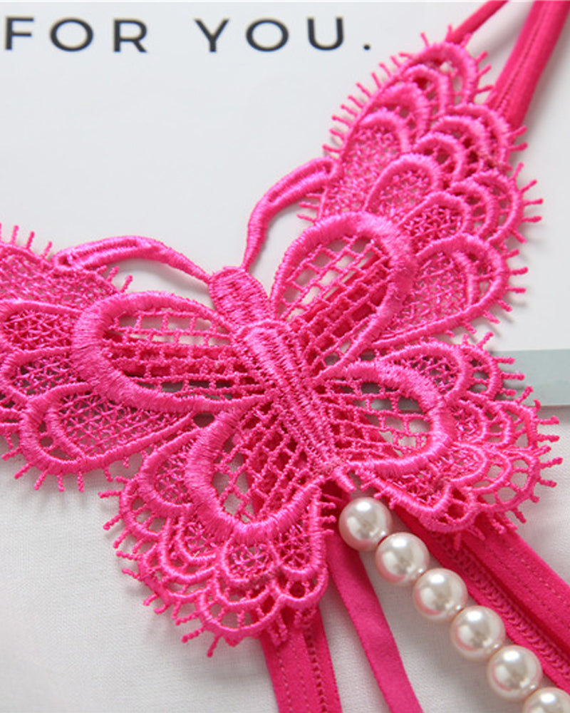 Lace Embroidery Crotchless Pearl Thong
