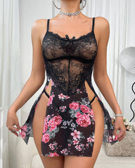 Lace Stitching Perspective Floral High Slit Suspender Nightdress