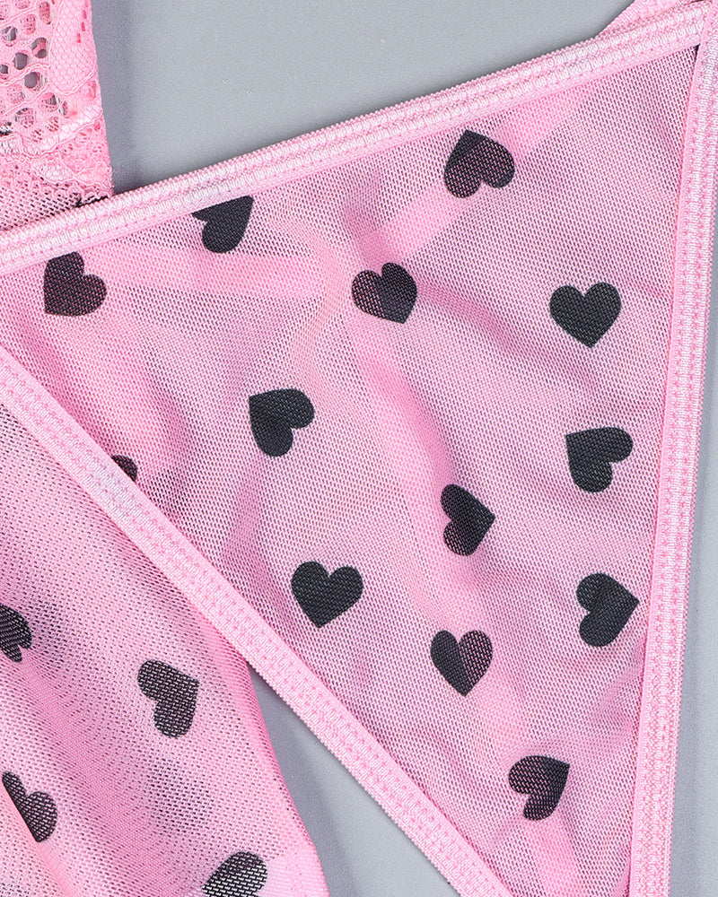 Lace See-Through Heart Print Camisole Nightdress and Thong Set