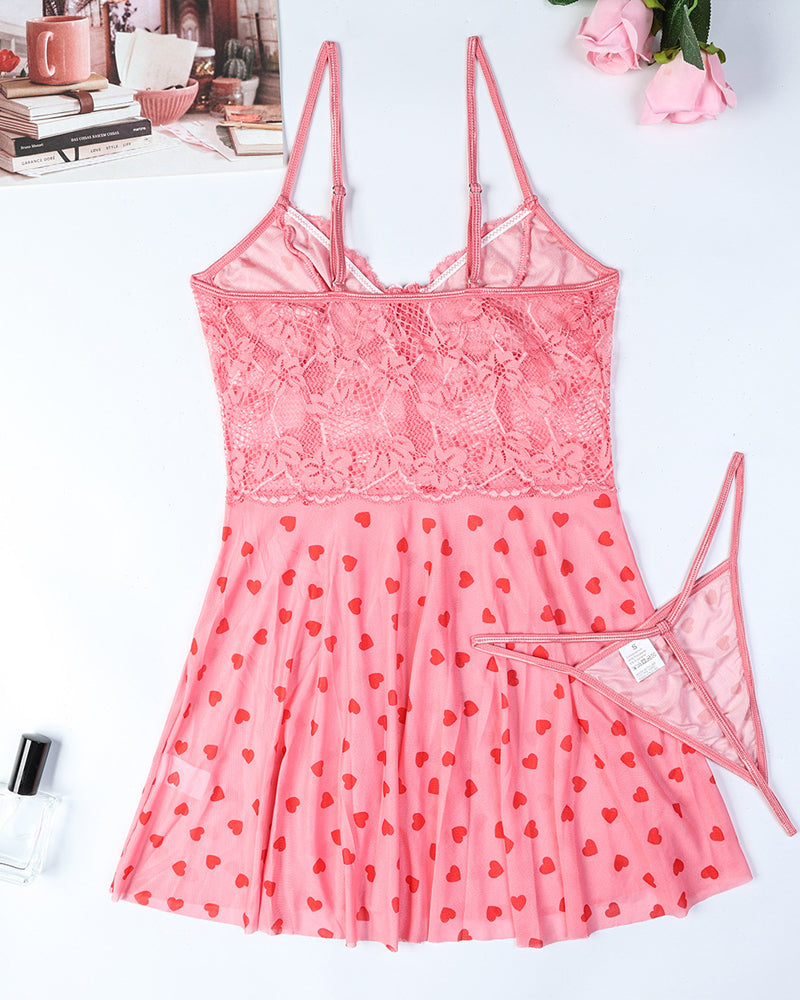 Lace See-Through Heart Print Camisole Nightdress and Thong Set