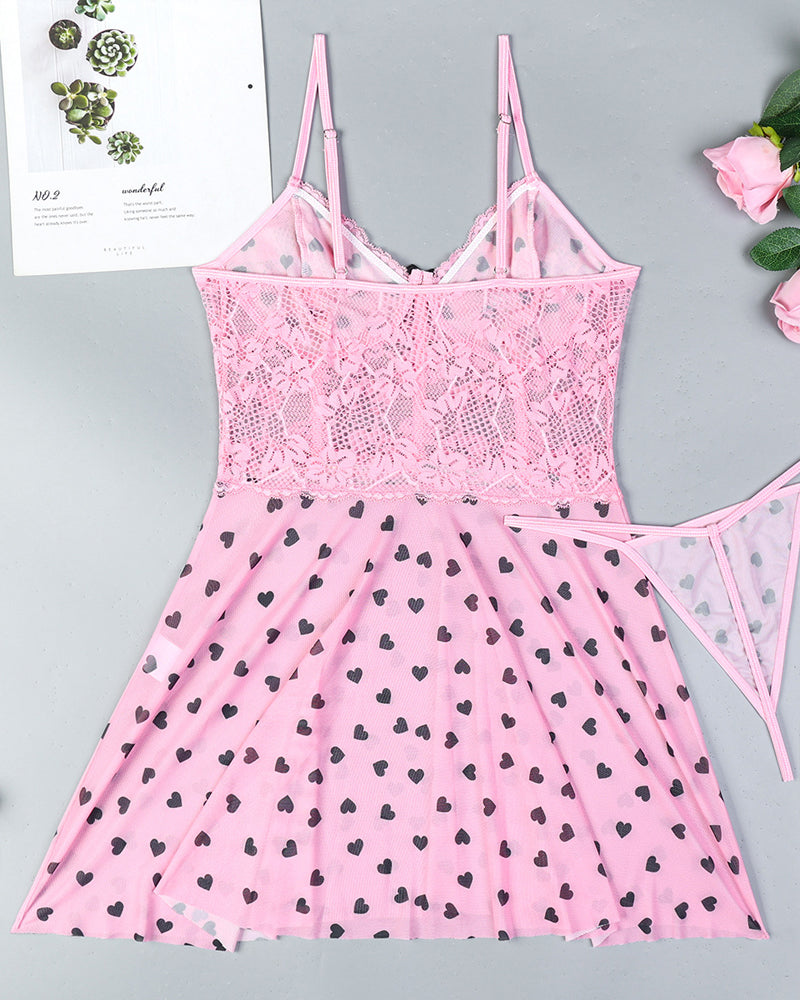 Lace See-Through Heart Print Camisole Nightdress and Thong Set