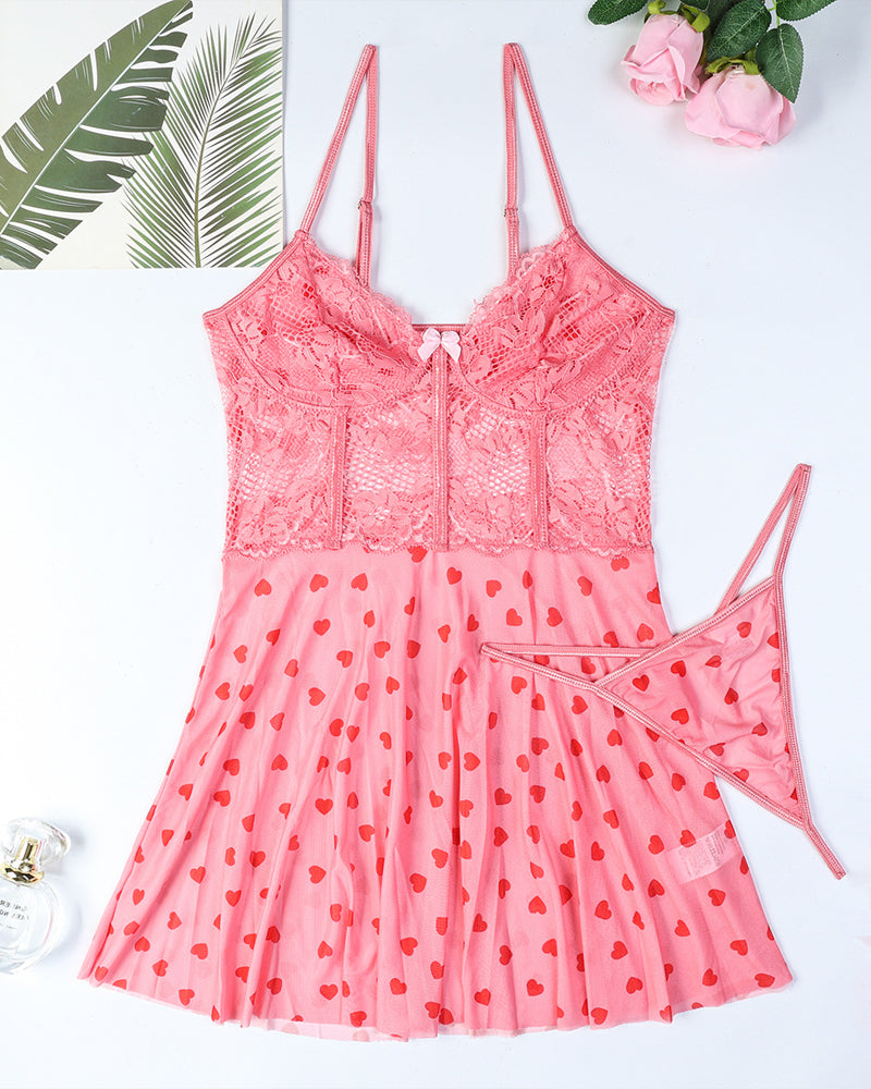 Lace See-Through Heart Print Camisole Nightdress and Thong Set