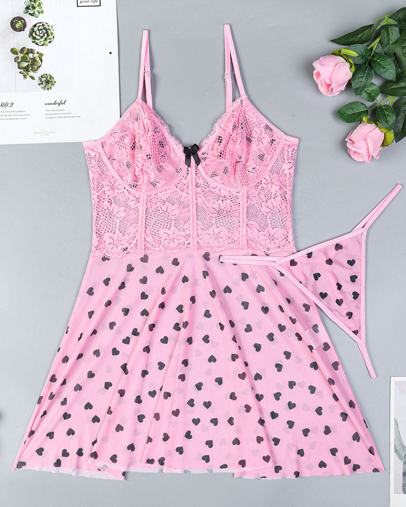 Lace See-Through Heart Print Camisole Nightdress and Thong Set