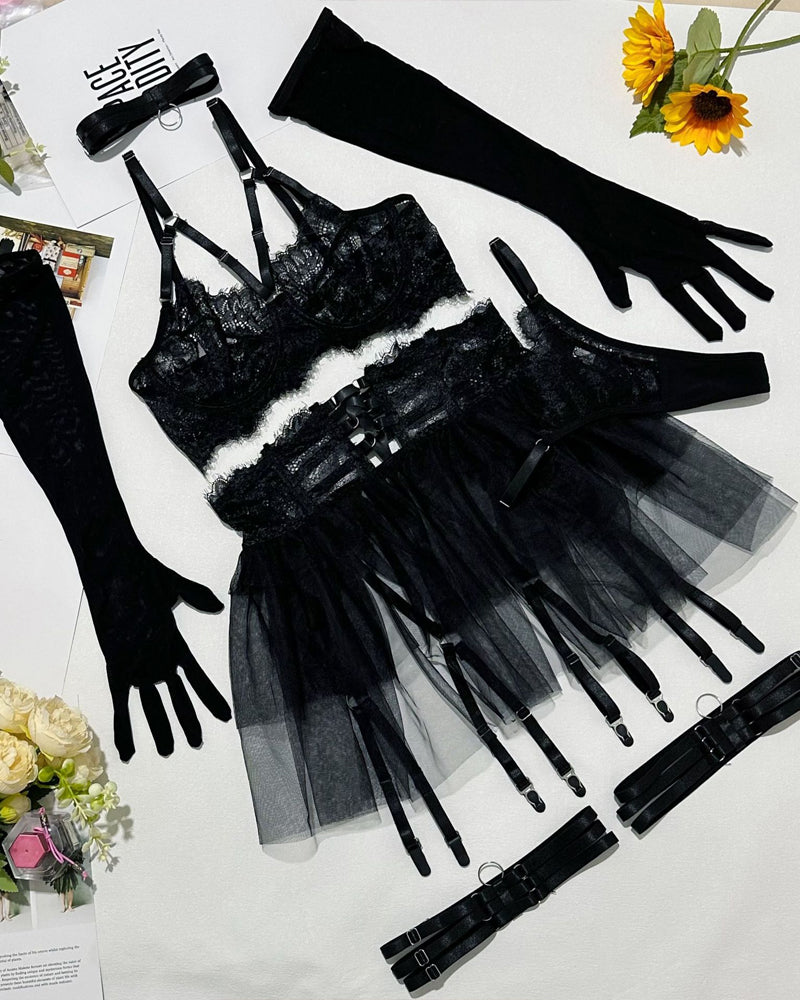 Lace See-Through Mesh Tulle Skirt Six-Piece Set