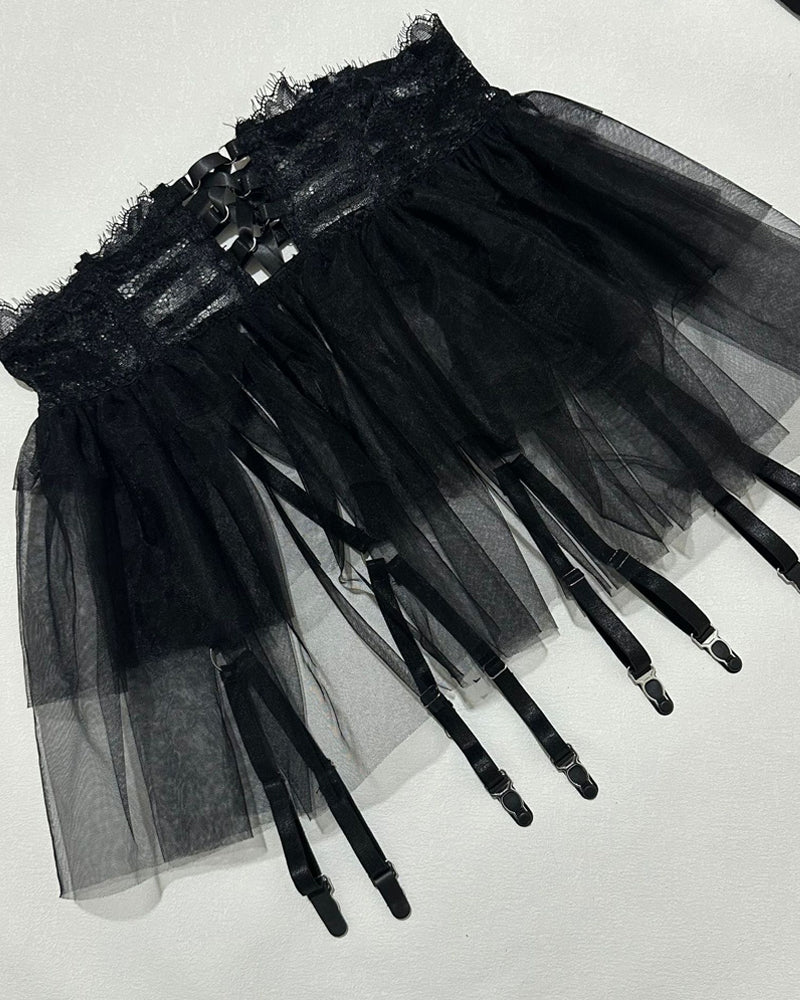 Lace See-Through Mesh Tulle Skirt Six-Piece Set